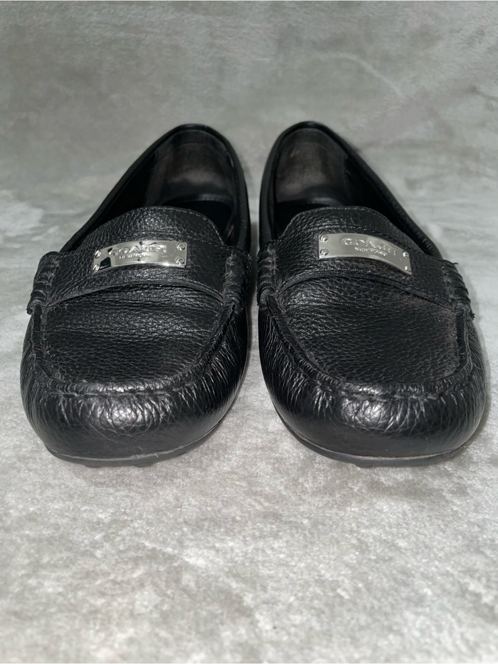 Coach Fredrica Black Pebbled Leather Loafers with Silver Logo Plate With Box Sz9 - Picture 3 of 12